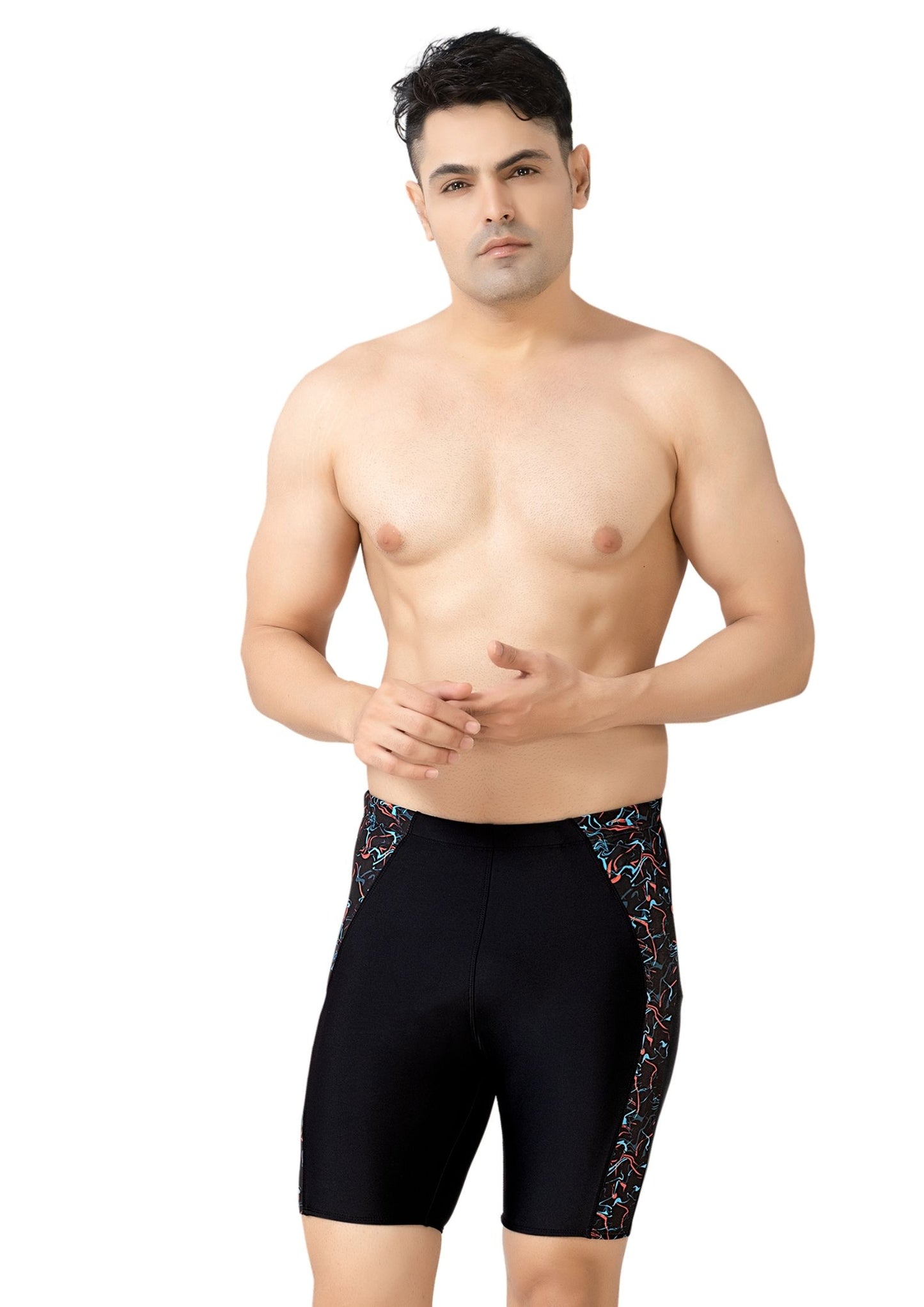 Mr India 14: Men's Long Swimwear with Curved Printed patchwork on the side