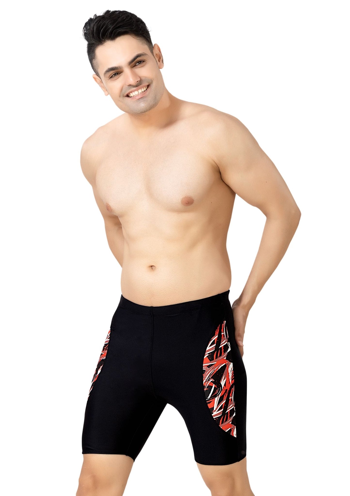 Mr India 15: Men's Long Swimwear with half moon shaped Printed patchwork on the side