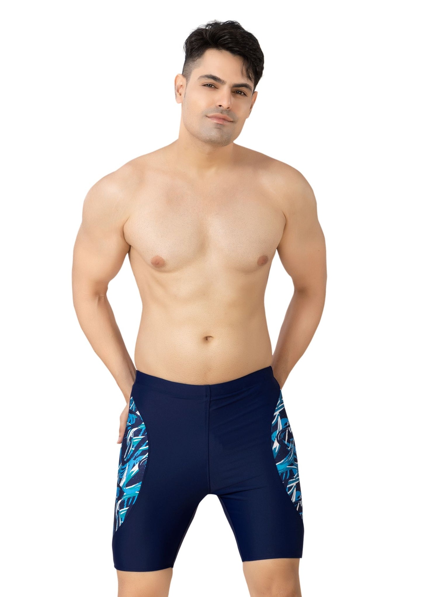 Mr India 15: Men's Long Swimwear with half moon shaped Printed patchwork on the side