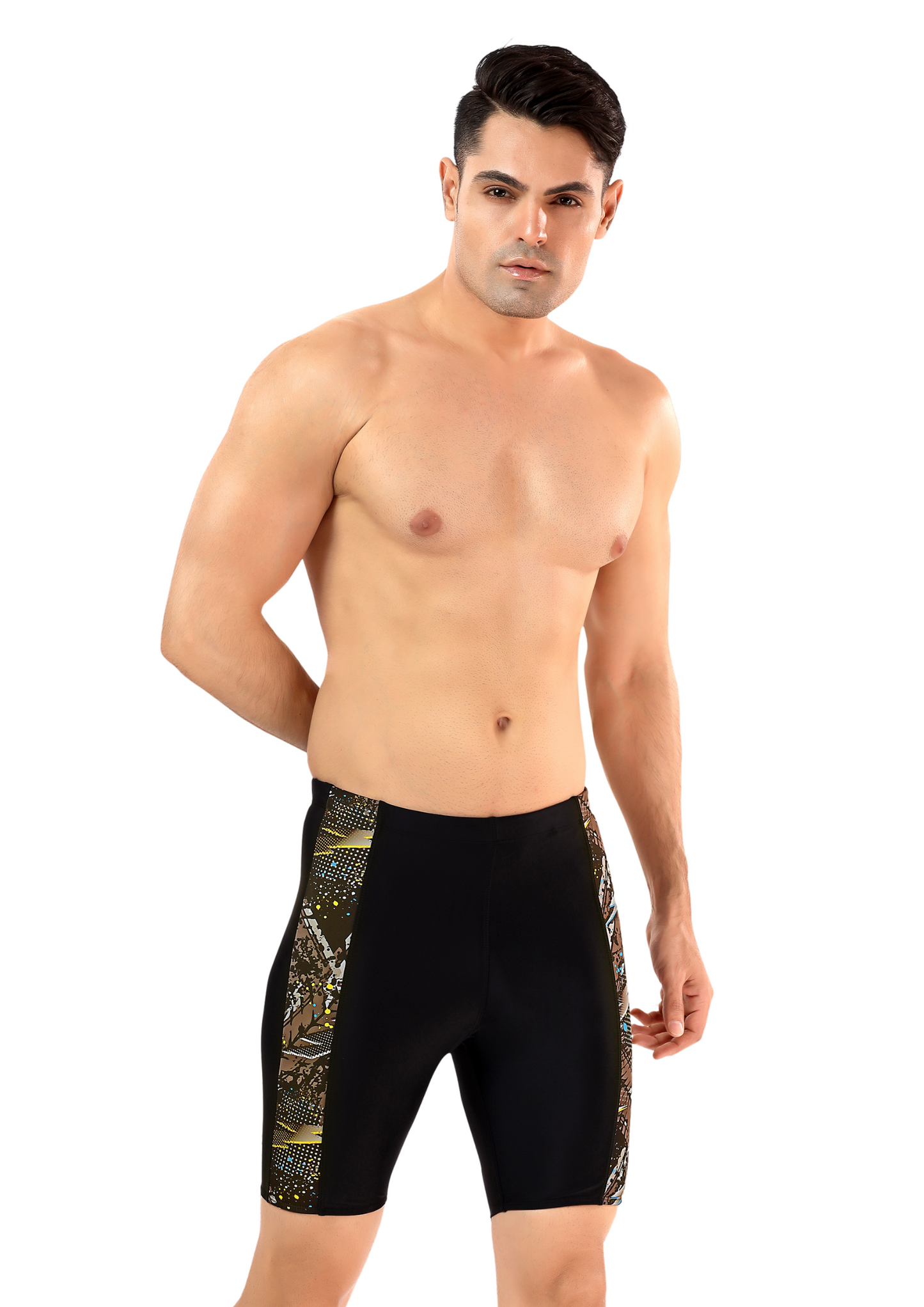Mr India: Men's long swimwear with a quirky side panel