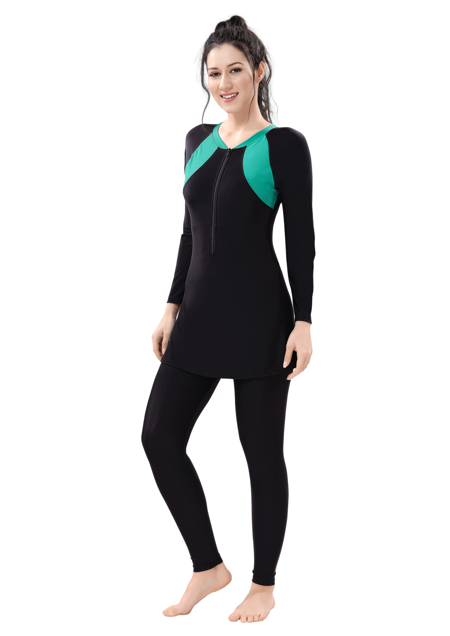 Body Suit: Navy and black full bodysuit with front zipper and touch of color