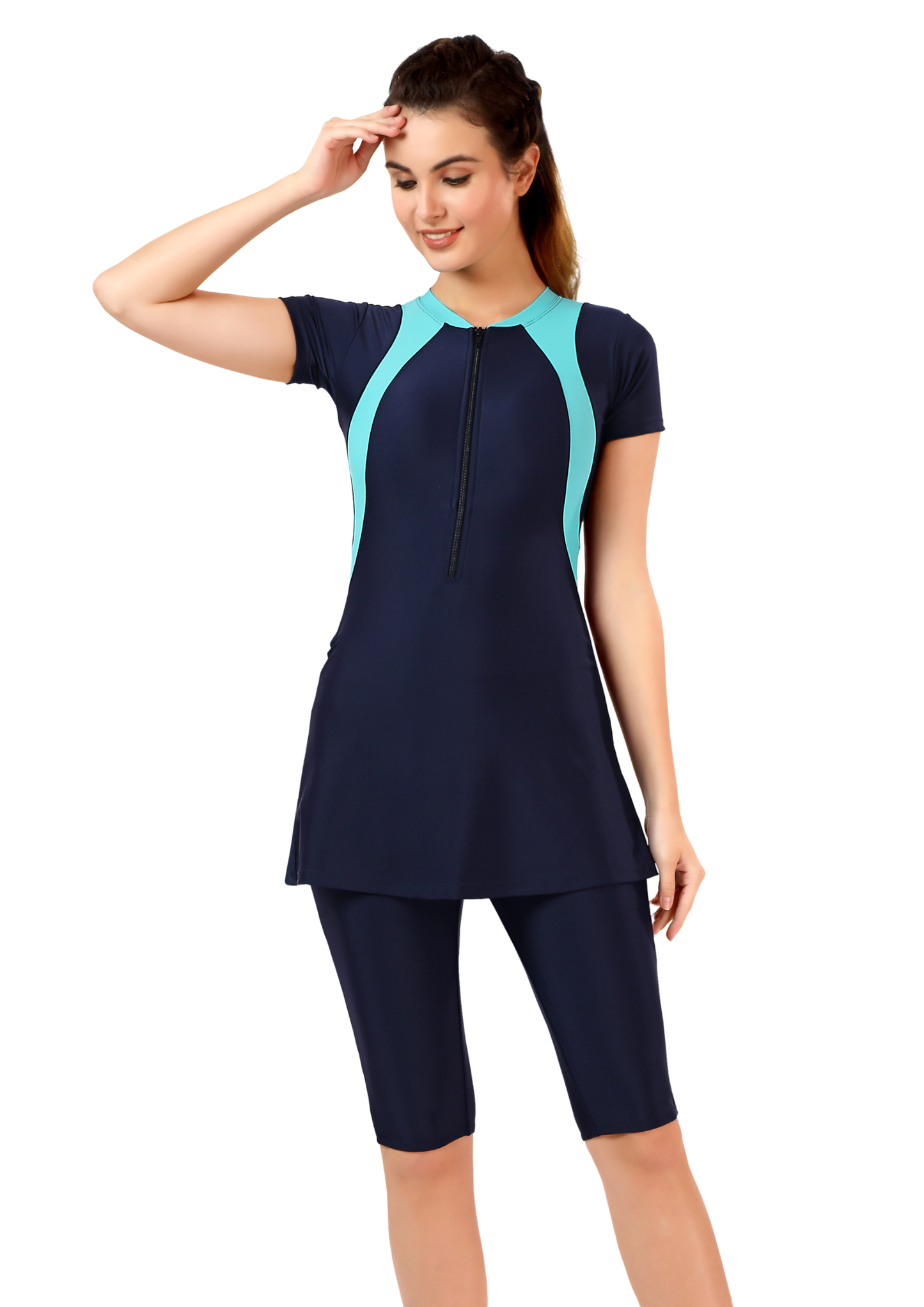 Marina : A-line, knee length swimwear with plain patch in the front
