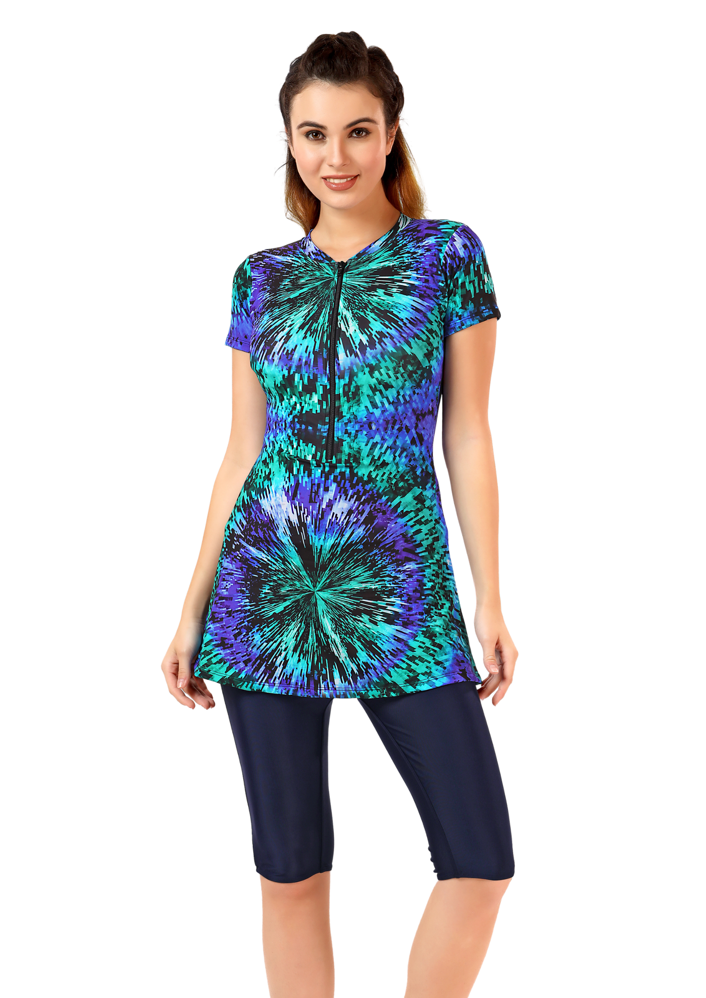 Marina : Green and Blue Printed with attached knee length shorts