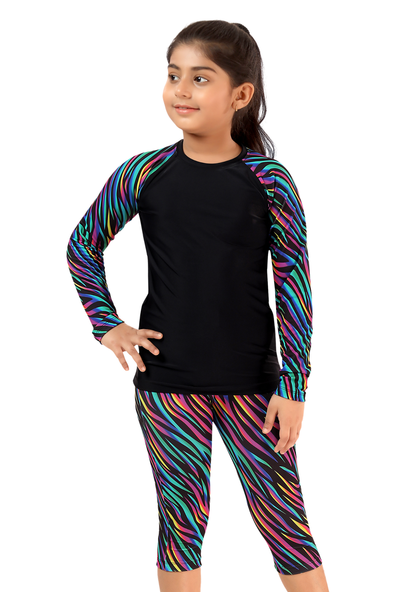 Super Girl: Solid swimwear for girls with multi-colored sleeves and tights