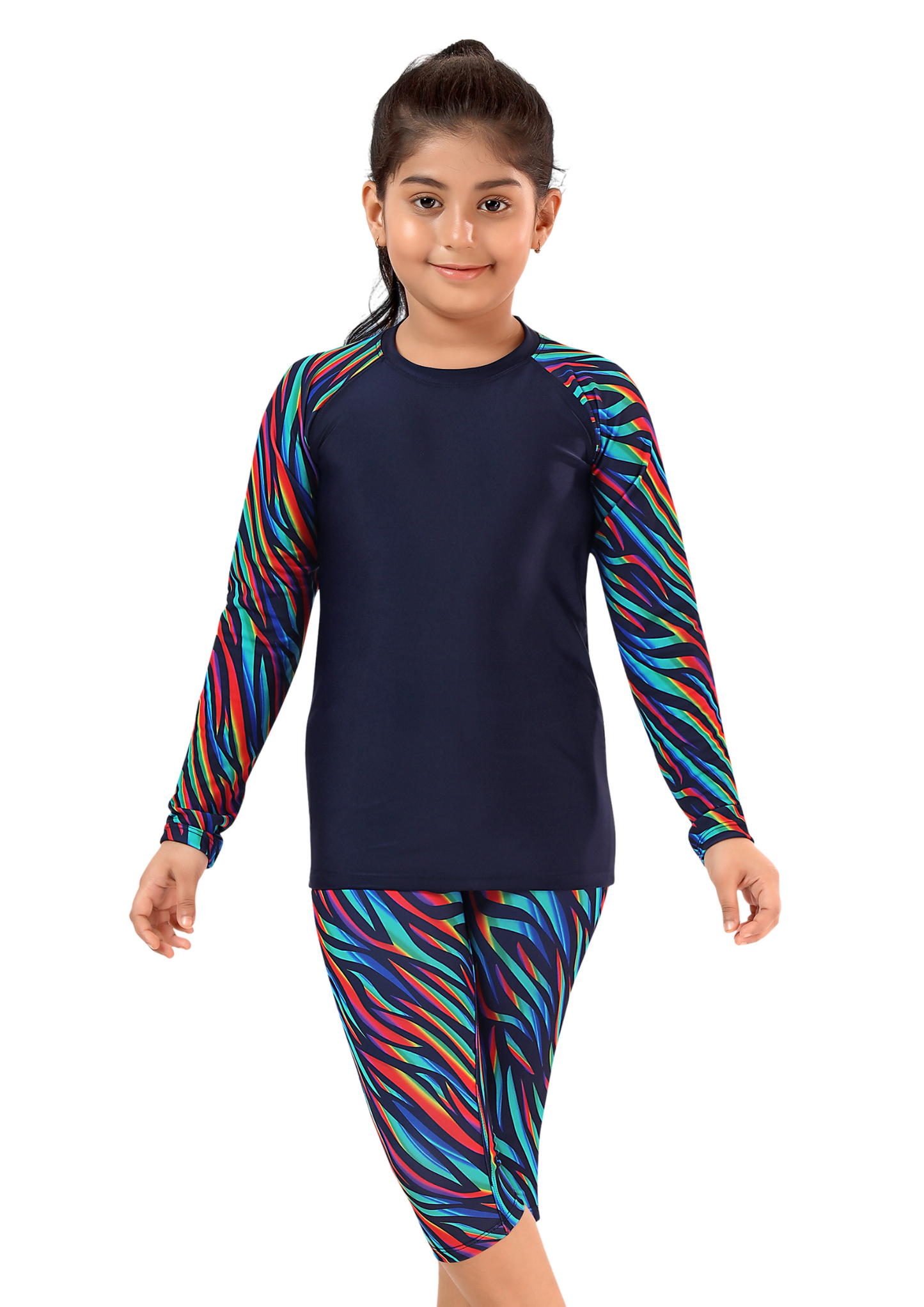 Super Girl: Solid swimwear for girls with multi-colored sleeves and tights
