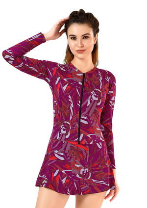 Cover Lady: long sleeves, maroon colored, dress-styled swimwear