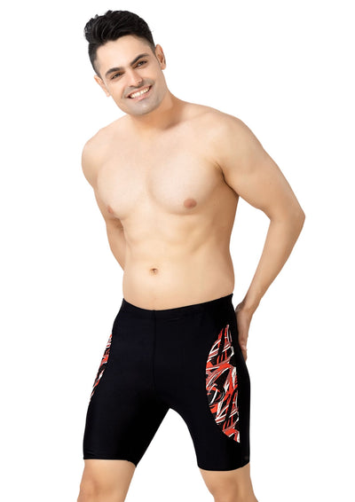 Mr India : Men's Long Swimwear with half moon shaped Printed patchwork on the side