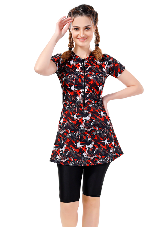 Marina :  Colorfull swimsuit with attached knee length shorts