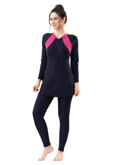 Body Suit: Navy and black full bodysuit with front zipper and touch of color
