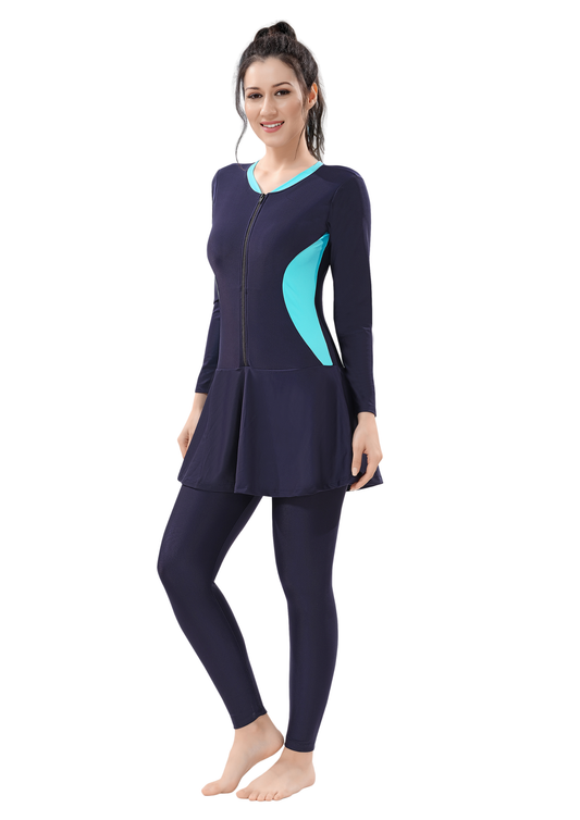 Body Suit: Black and Navy full bodysuit with front zipper and color on the side