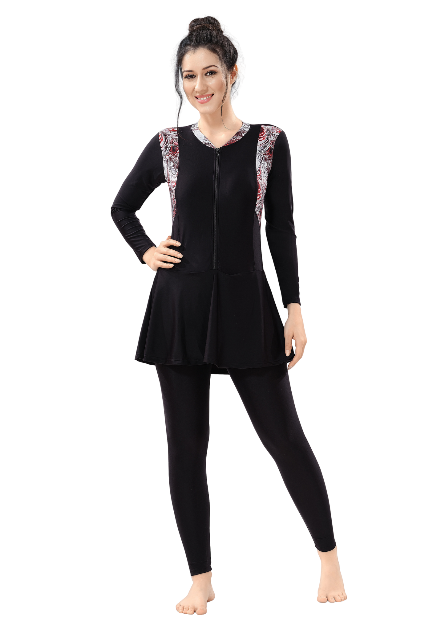 Body Suit: Full bodysuit with front zipper and print on the side