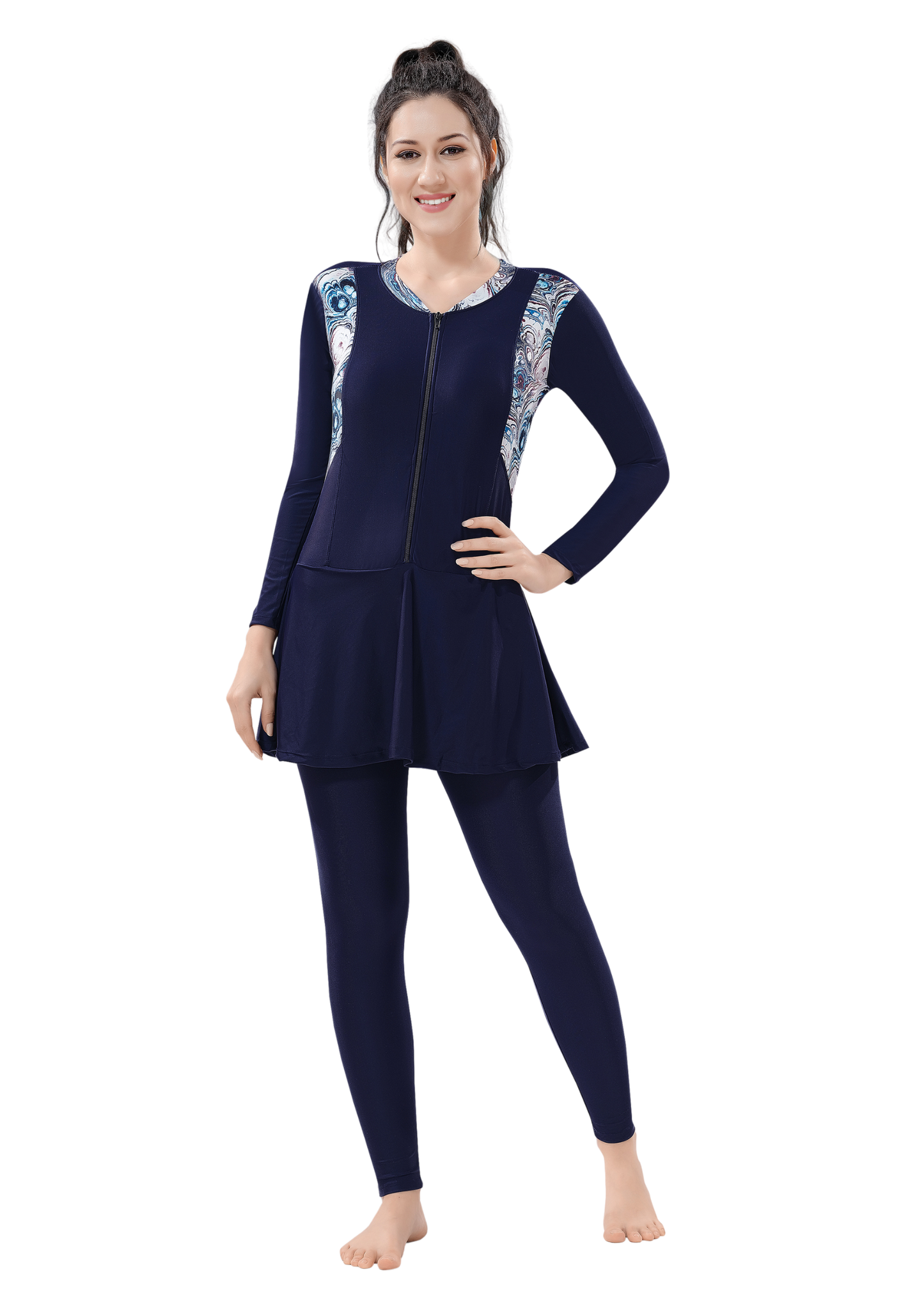 Body Suit: Full bodysuit with front zipper and print on the side