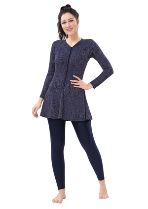 Body Suit: Blue colored polka dots Printed Full bodysuit with front zipper