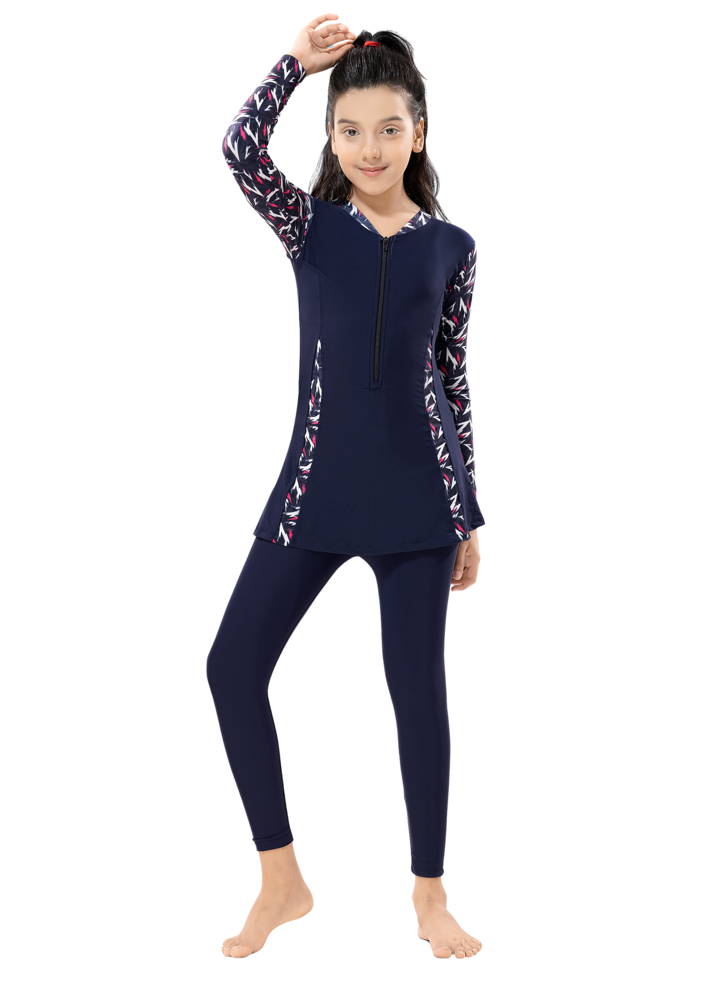 GBS : Full bodysuit for girls plain with printed sleeves and stripe