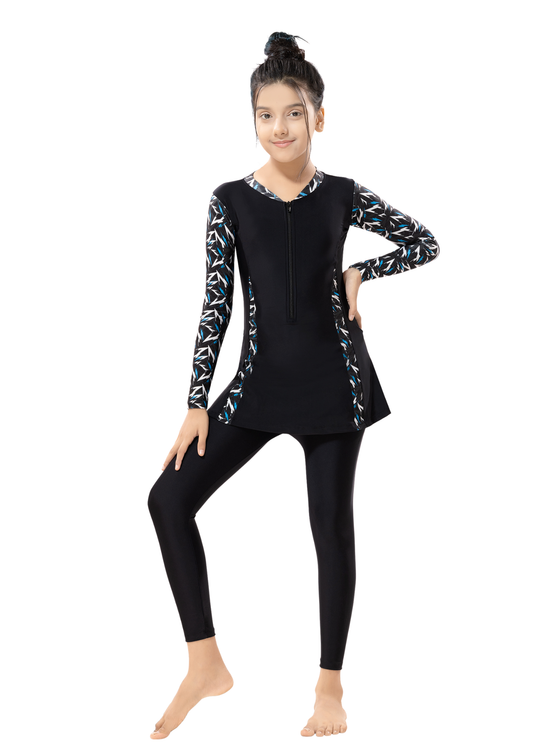 GBS : Full bodysuit for girls plain with printed sleeves and stripe