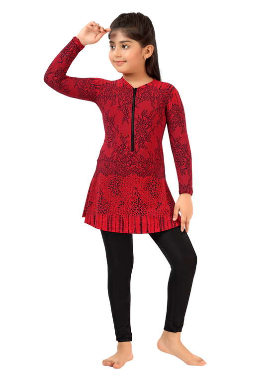 GBS : Red Colored Full bodysuit for girls with black attached tights