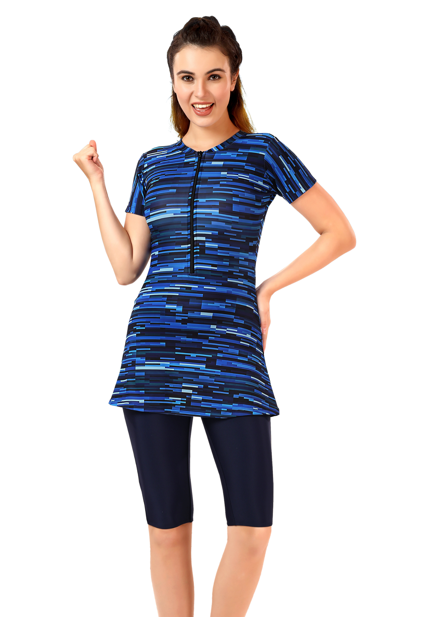 Marina : Red and Blue Printed with attached knee length shorts