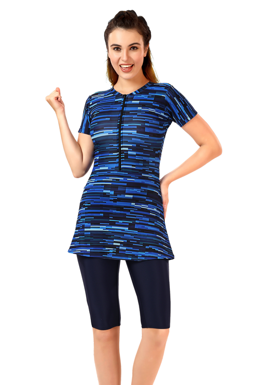 Marina : Red and Blue Printed with attached knee length shorts