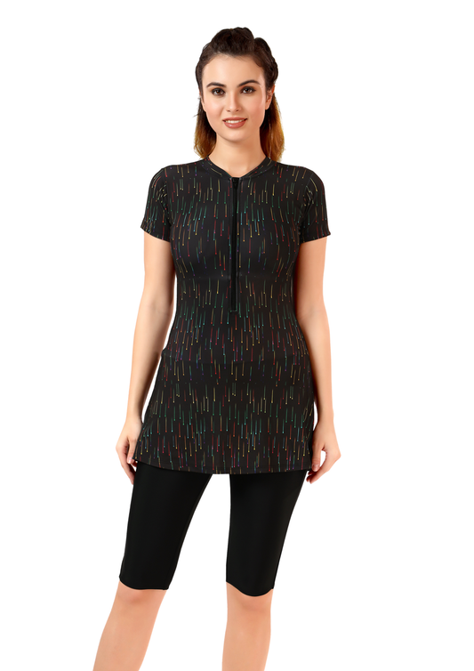 Marina :  Printed swimsuit with colorful lines and attached knee length shorts