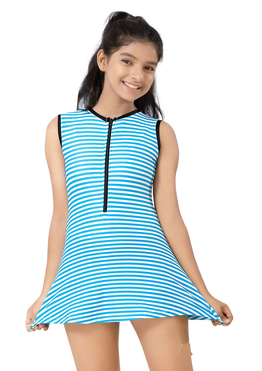 Pretty Girl : Girl's swimwear range with front zipper and full printed white and blue stripes