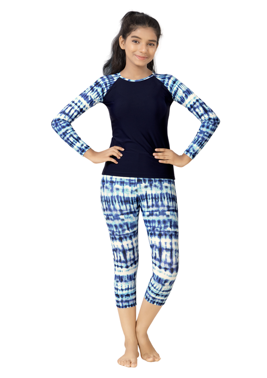 Super Girl: A Two Piece, knee length swimwear for girls with printed Capri