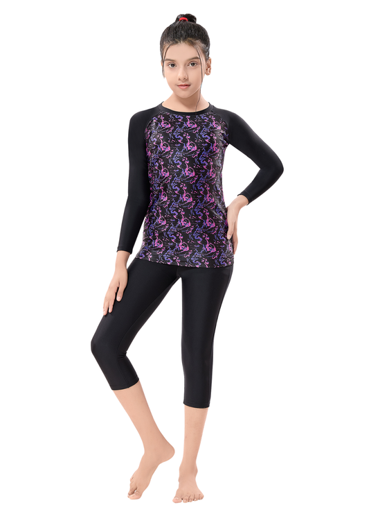 Super Girl: A Two Piece, knee length swimwear for girls with Bright Printed T-shirt